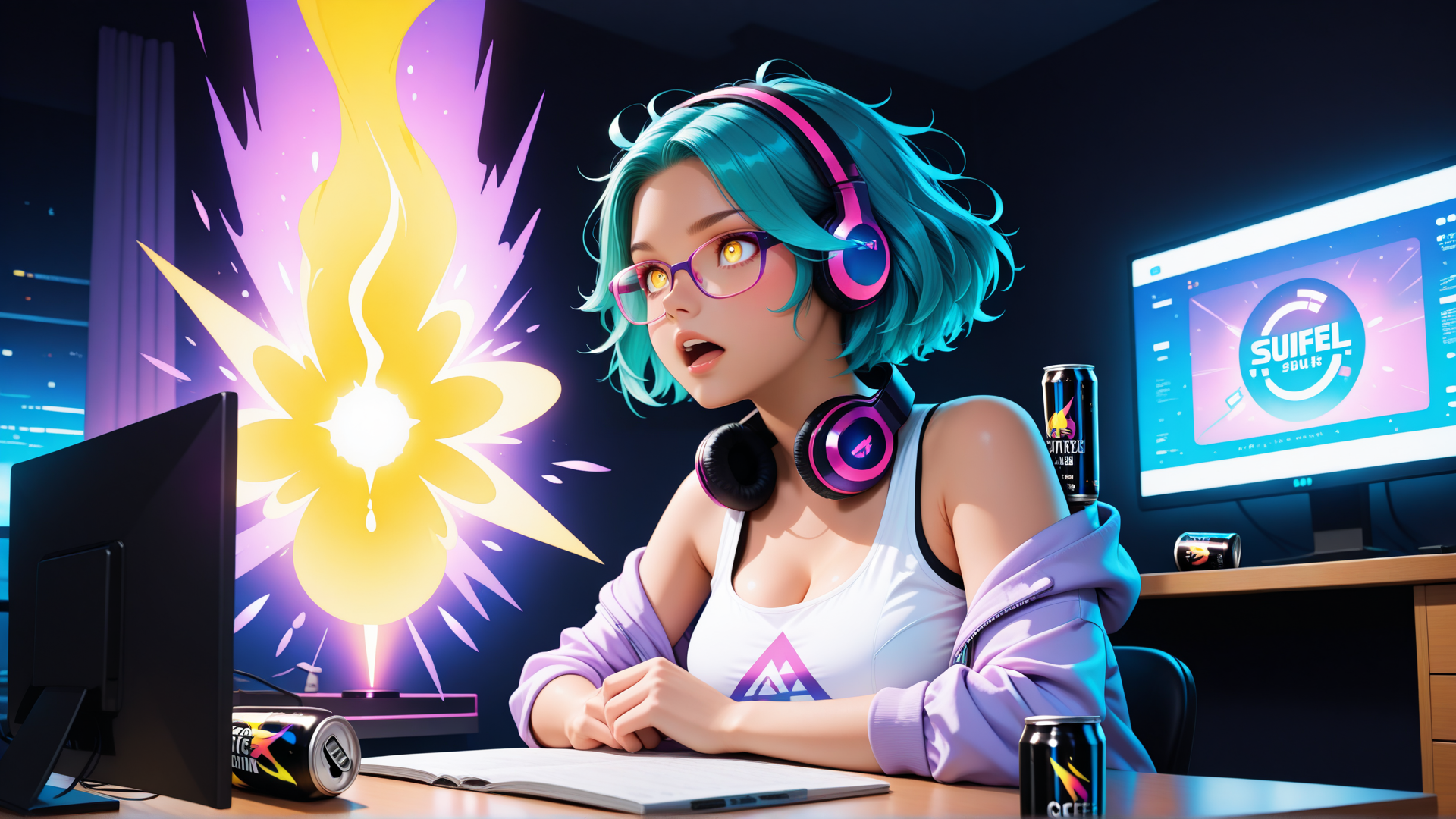 AI generated wallpaper featuring girl, headphones, computer, monitor, can, glasses, book, desk, chair, monitor