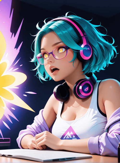 girl, headphones, computer, monitor, can, glasses, book, desk, chair, monitor