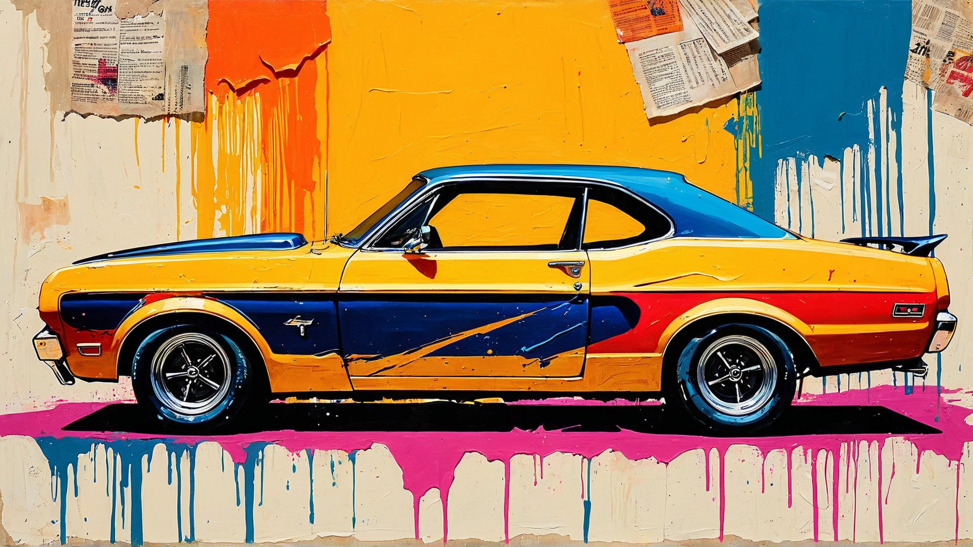 AI generated wallpaper featuring car, wall, newspaper