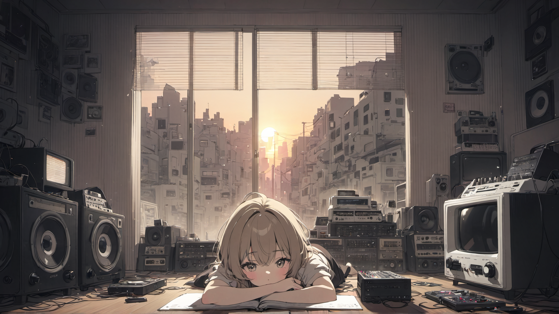 AI generated wallpaper featuring girl, speakers, cityscape