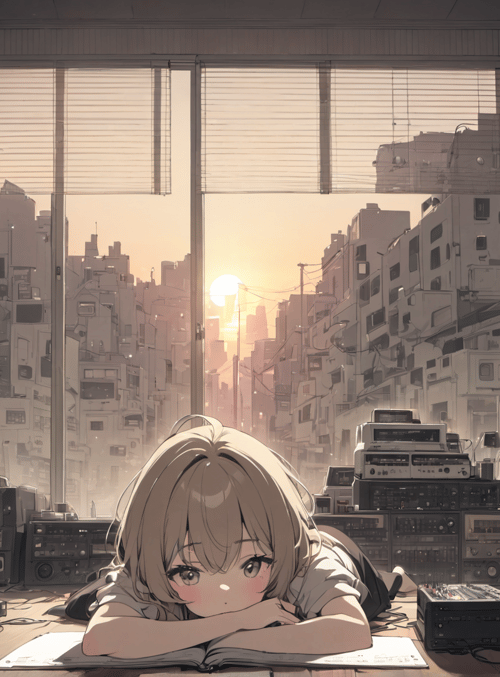girl, speakers, cityscape