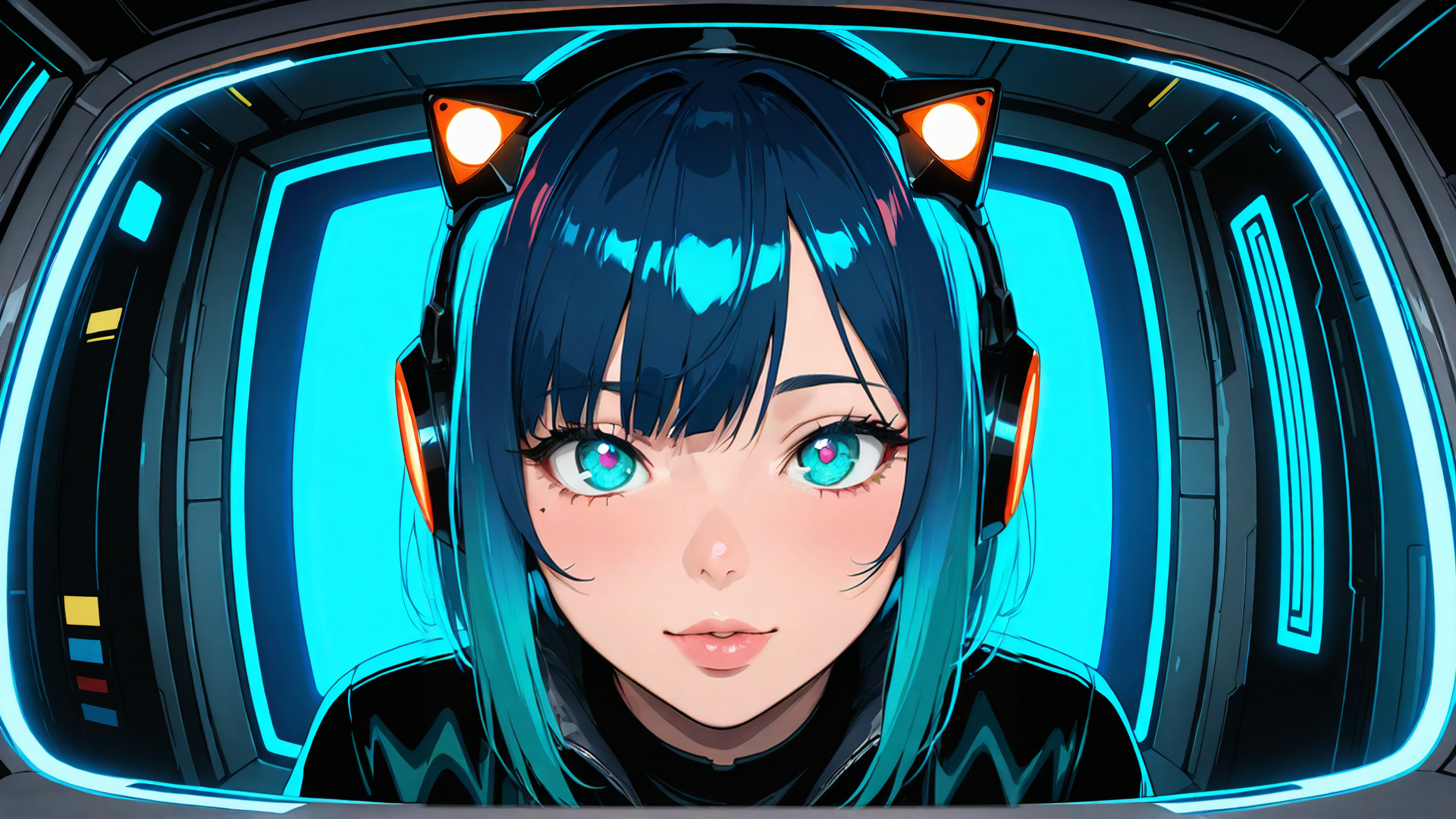 AI generated wallpaper featuring cyborg, anime girl, neon, goggles, headphones, hologram