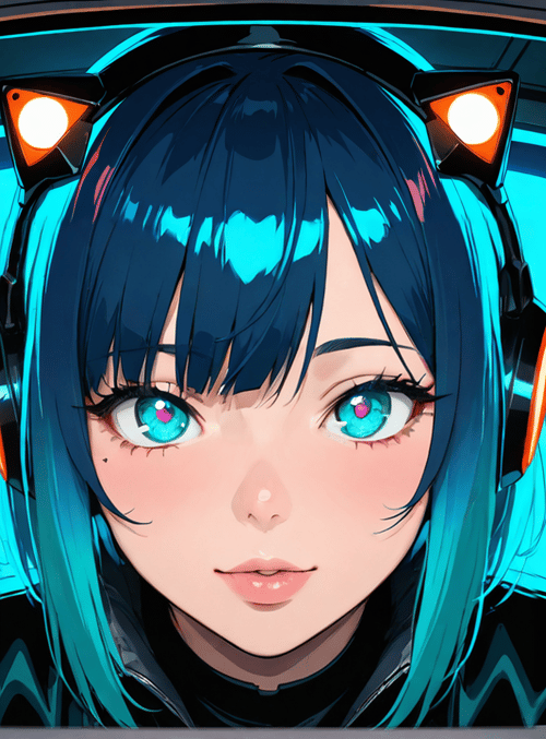 cyborg, anime girl, neon, goggles, headphones, hologram