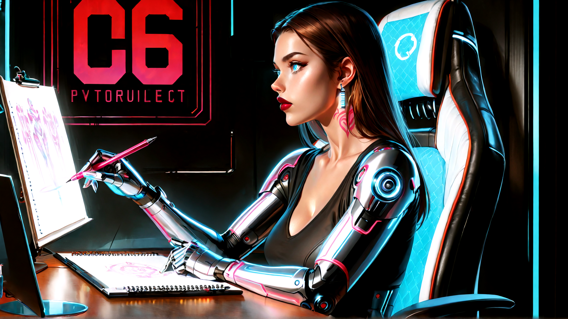 AI generated wallpaper featuring cyborg, artist, robot, drawing, desk, chair, sketchpad, pen, arm, gaming
