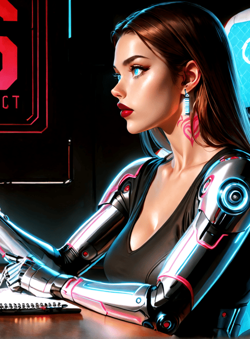 cyborg, artist, robot, drawing, desk, chair, sketchpad, pen, arm, gaming