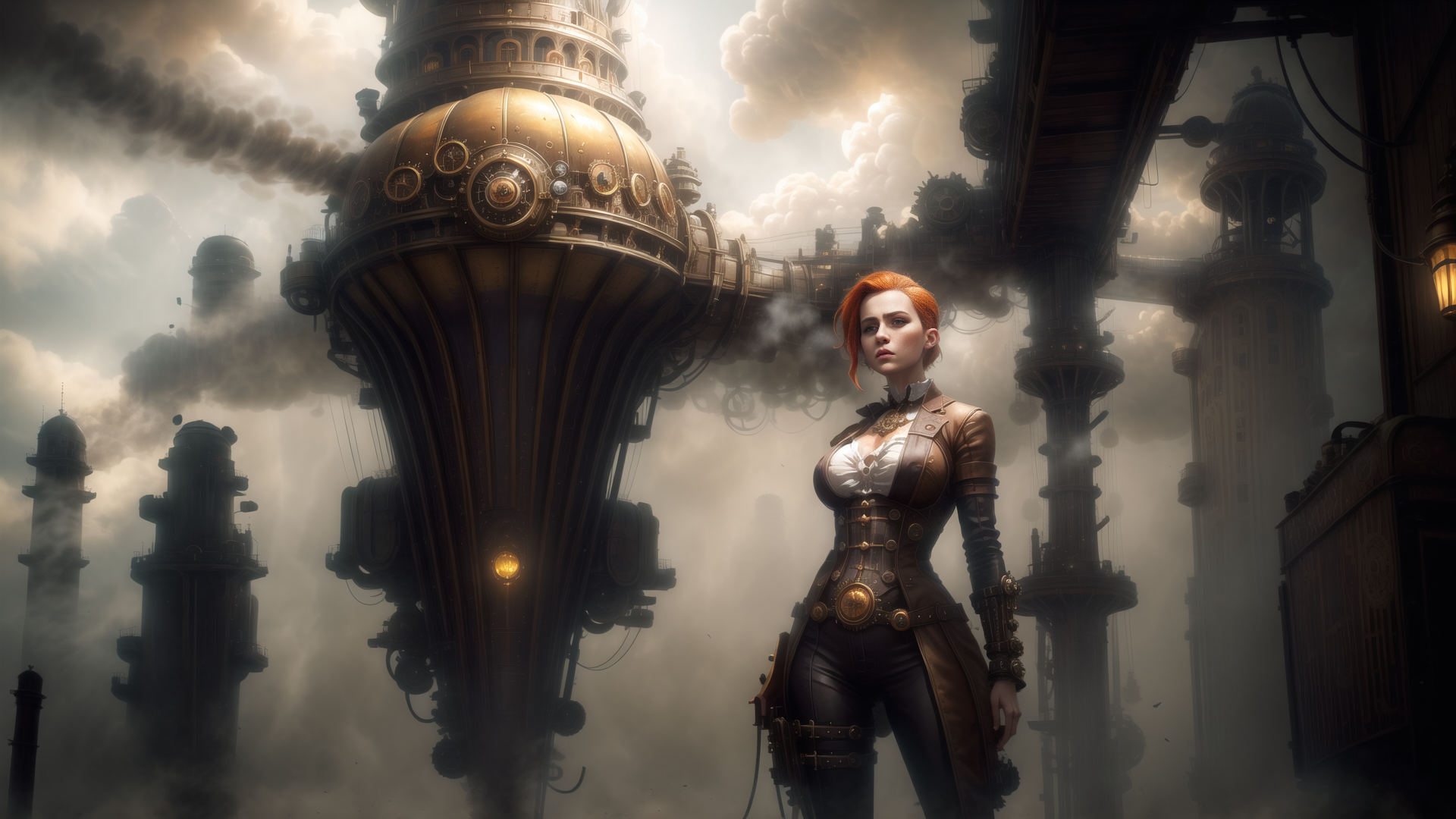 AI generated wallpaper featuring woman, airship, steampunk