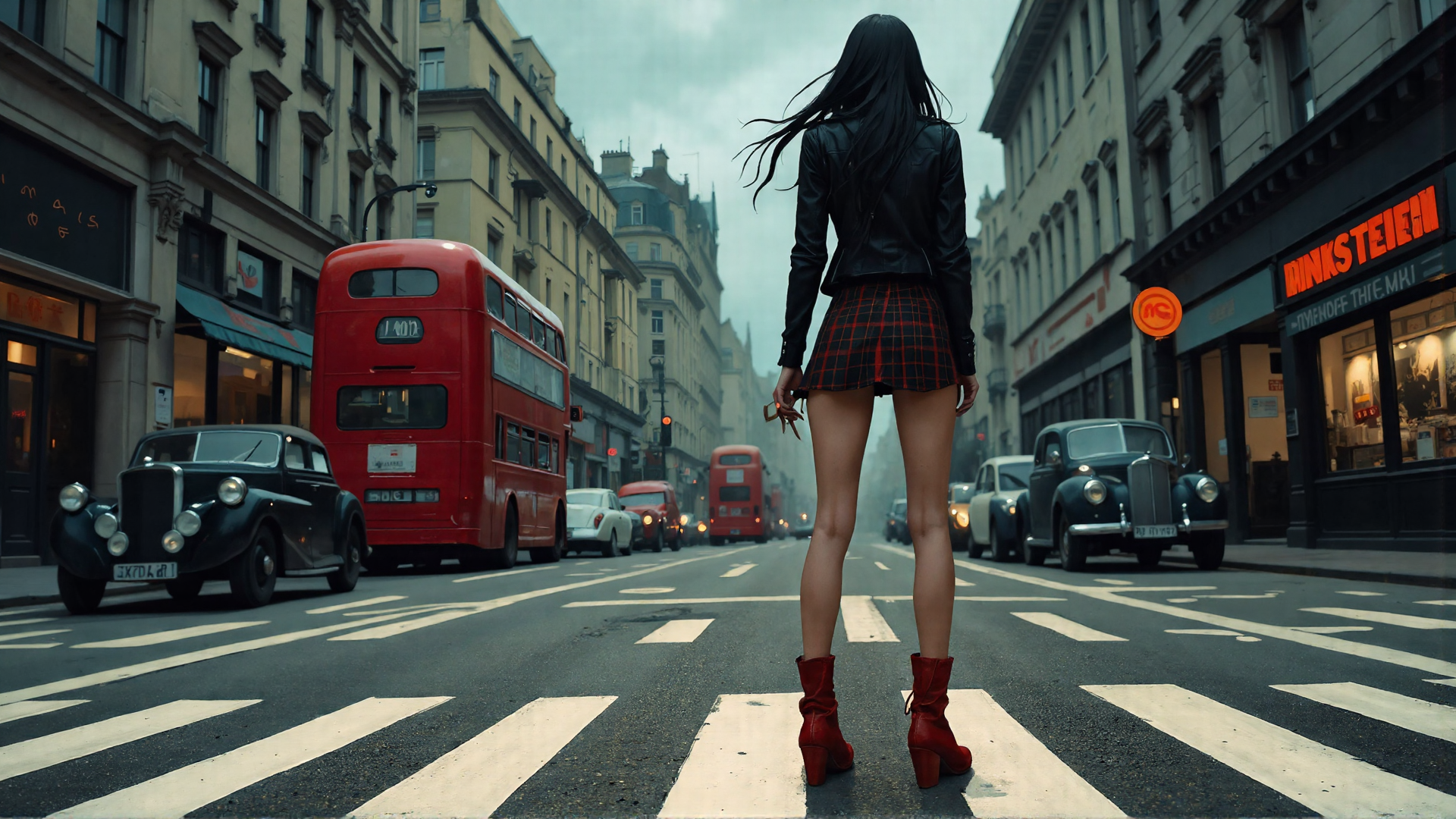 AI generated wallpaper featuring woman, bus, cars, street, buildings