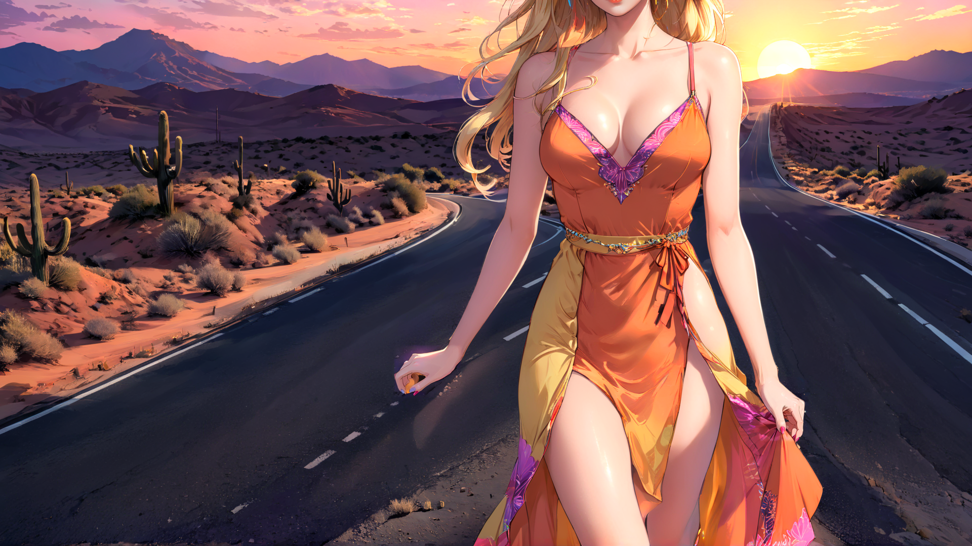 AI generated wallpaper featuring woman, desert, road
