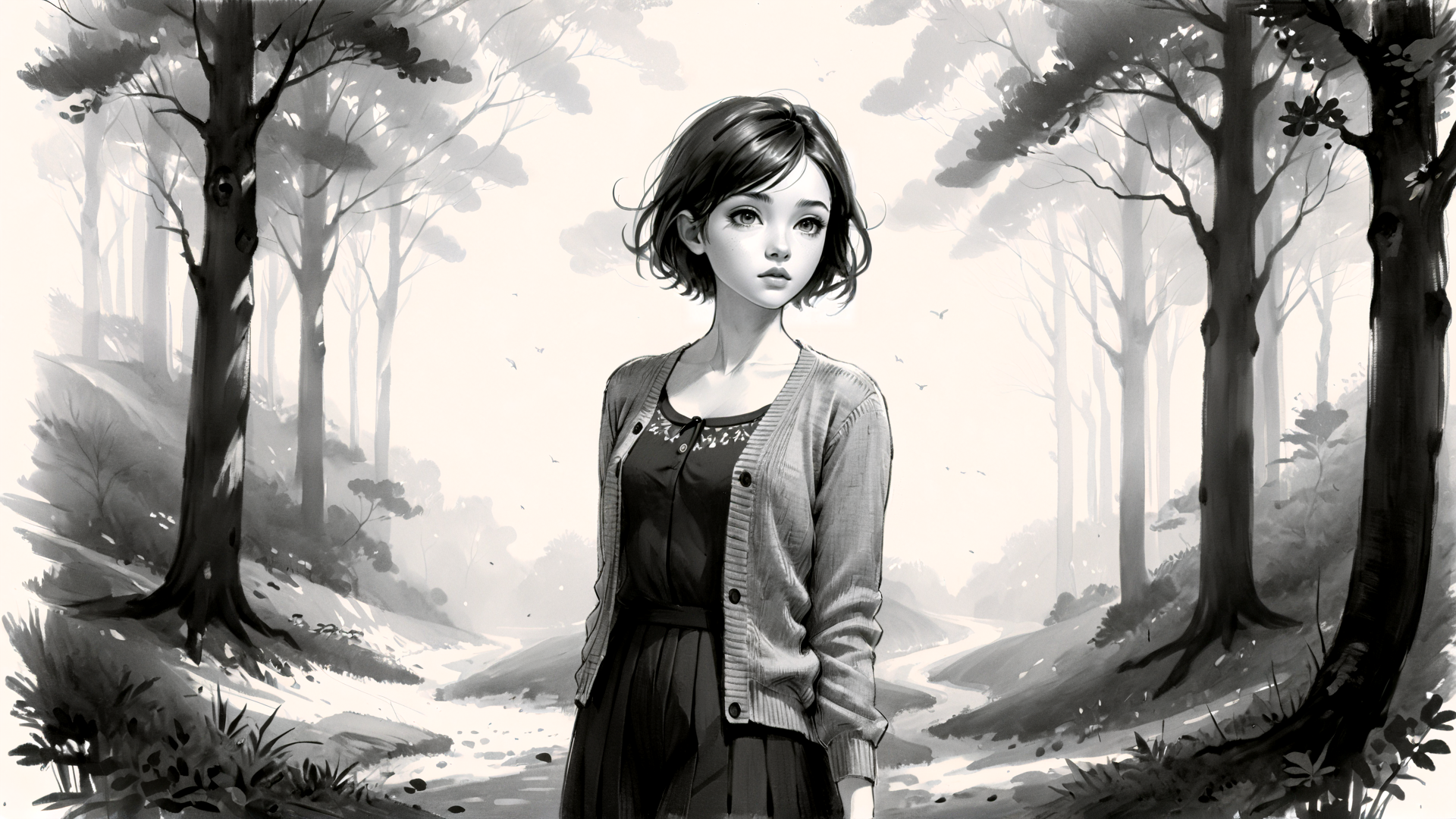 AI generated wallpaper featuring woman, trees, forest, path, cardigan, dress, bushes, mountain, sky, birds