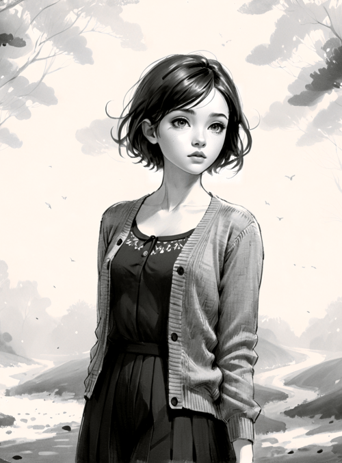 woman, trees, forest, path, cardigan, dress, bushes, mountain, sky, birds