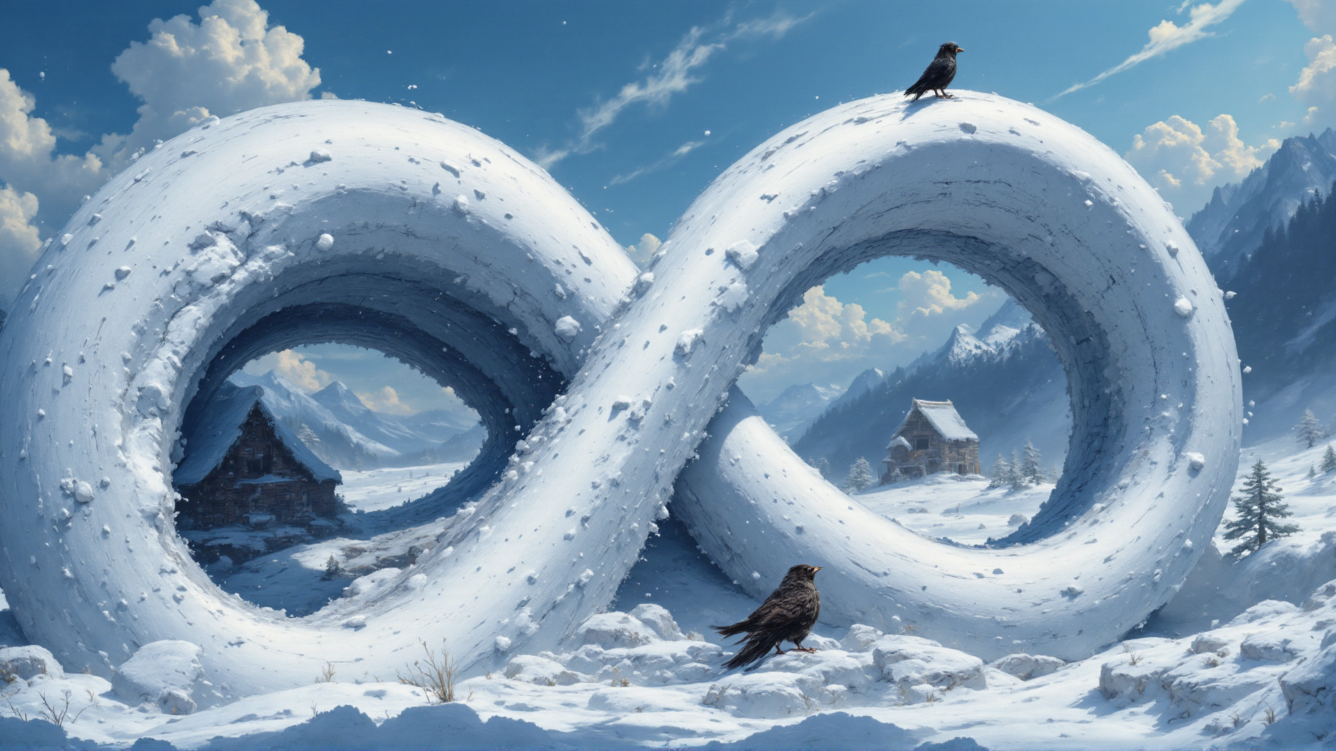 AI generated wallpaper featuring snow, bird, house