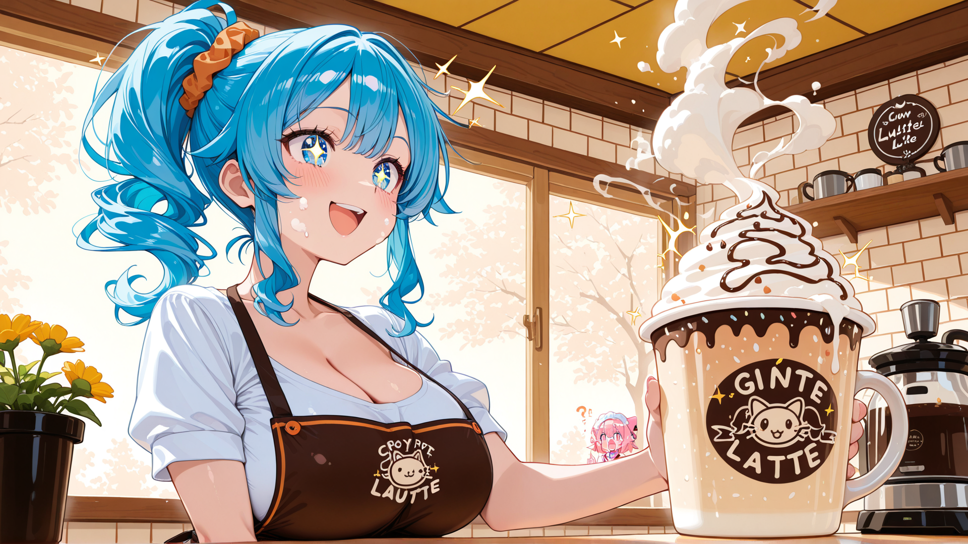 AI generated wallpaper featuring anime girl, coffee cup, cafe, apron, flowers, cherry blossom tree, cat logo, mug, steam, coffee maker