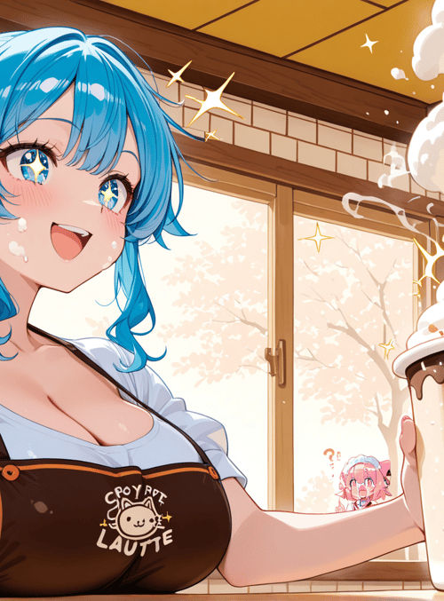 anime girl, coffee cup, cafe, apron, flowers, cherry blossom tree, cat logo, mug, steam, coffee maker
