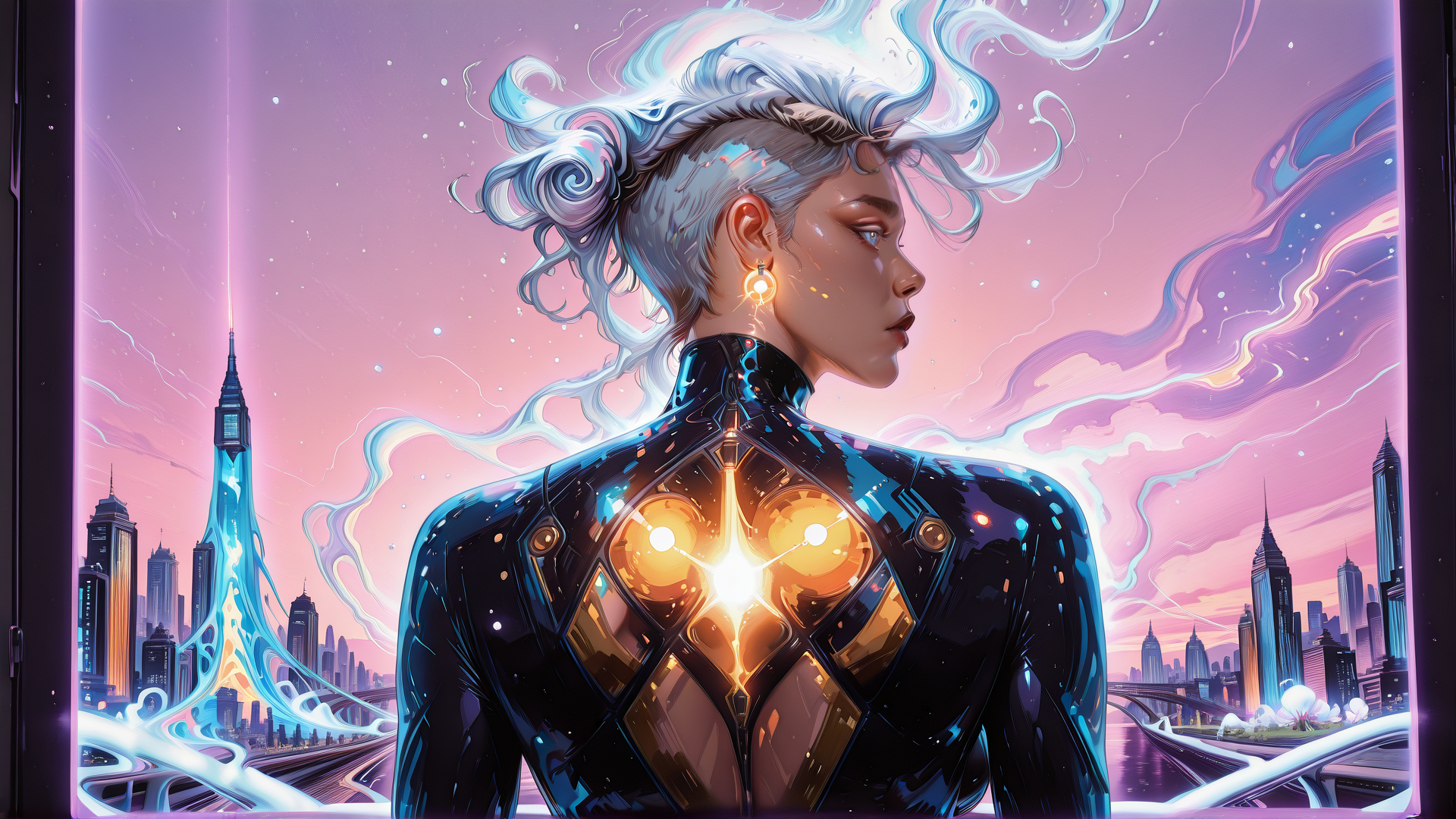 AI generated wallpaper featuring woman, cityscape, futuristic, neon, cyberpunk, glowing, earrings, hair, city, skyline