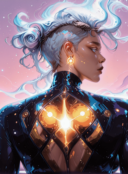 woman, cityscape, futuristic, neon, cyberpunk, glowing, earrings, hair, city, skyline