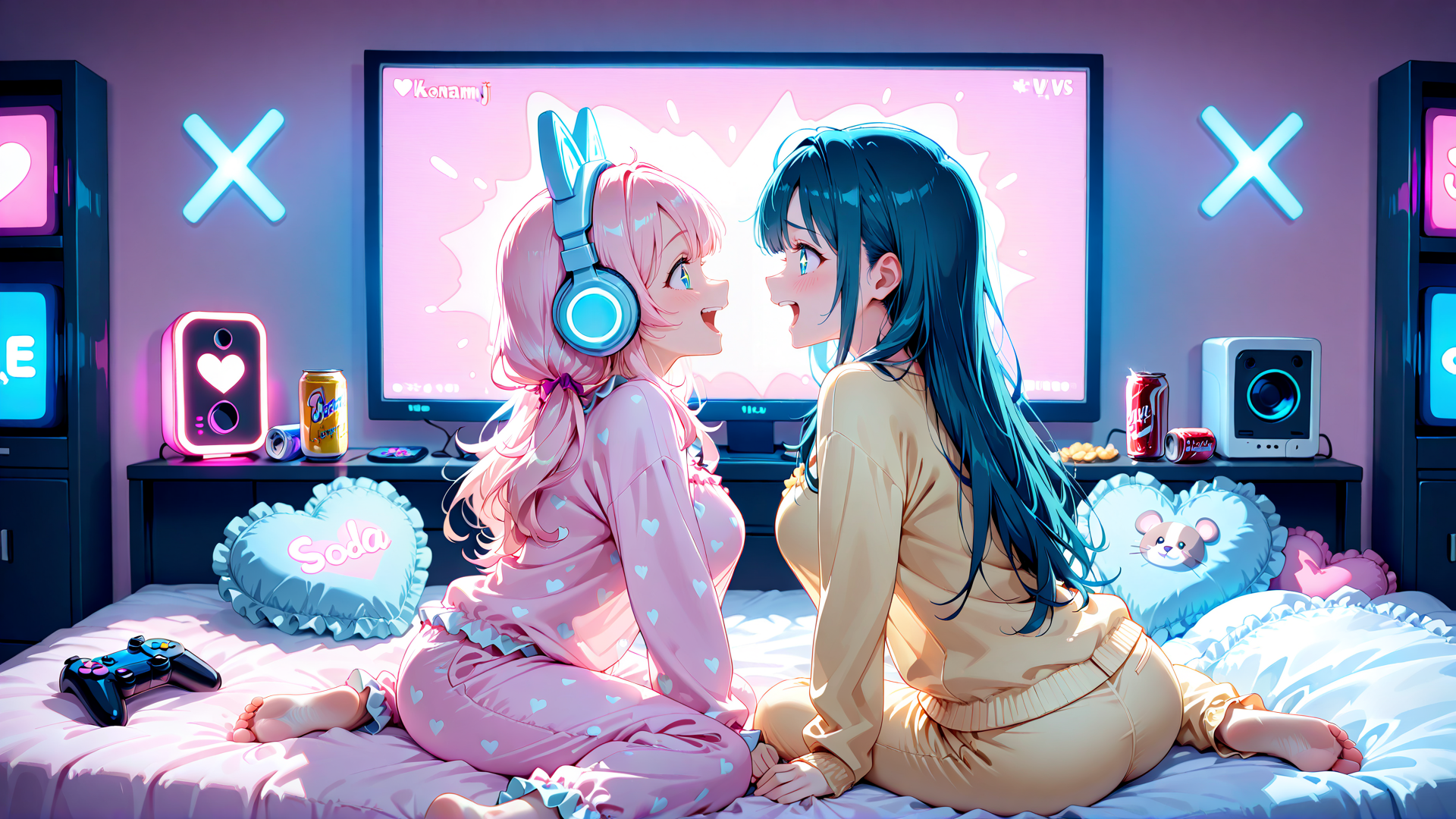 AI generated wallpaper featuring girls, bedroom, gaming