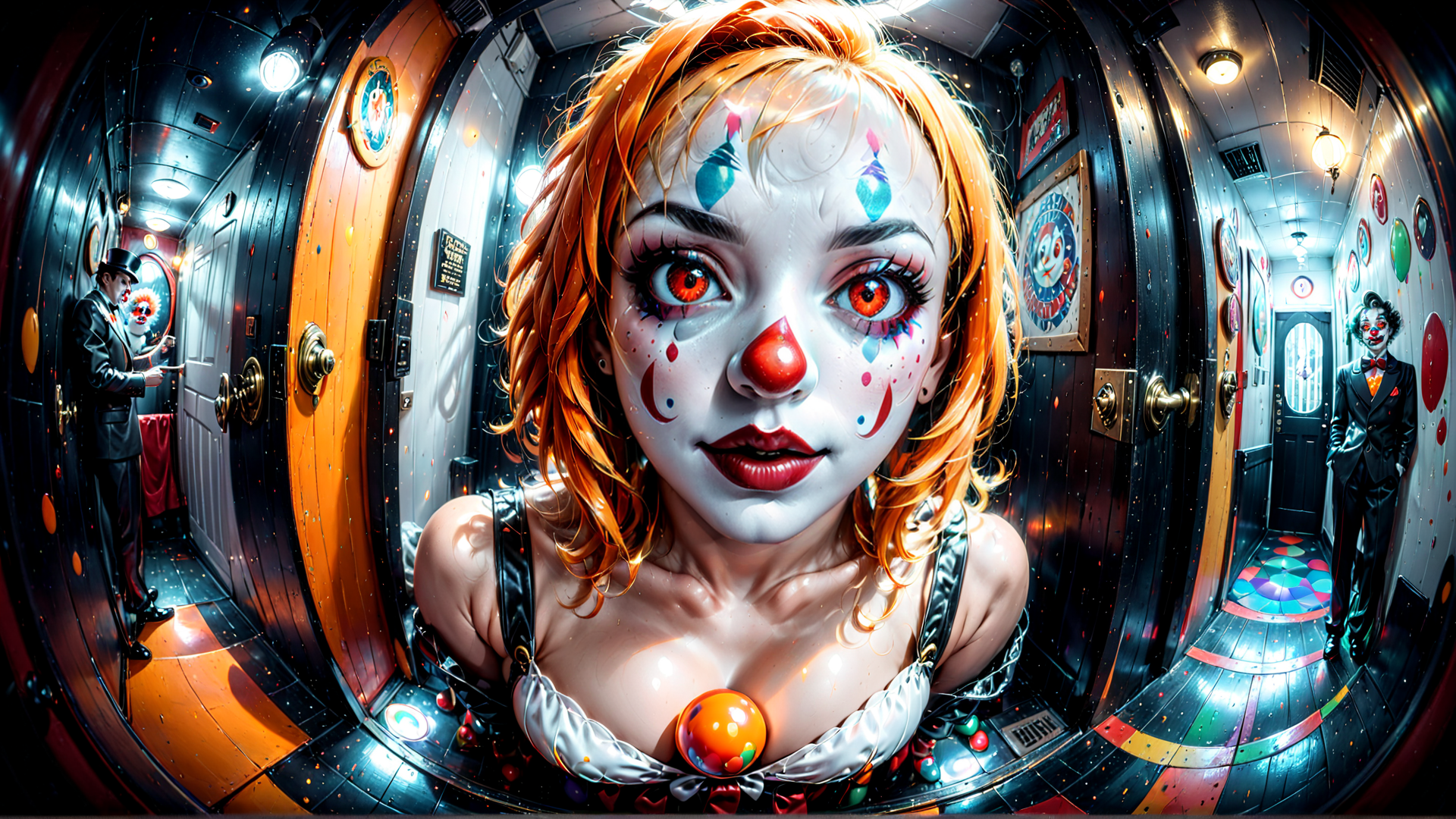 AI generated wallpaper featuring clown, corridor, mirror, door, painting, suspense, illusion, lighting, reflection, circus