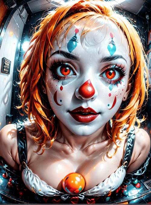 clown, corridor, mirror, door, painting, suspense, illusion, lighting, reflection, circus