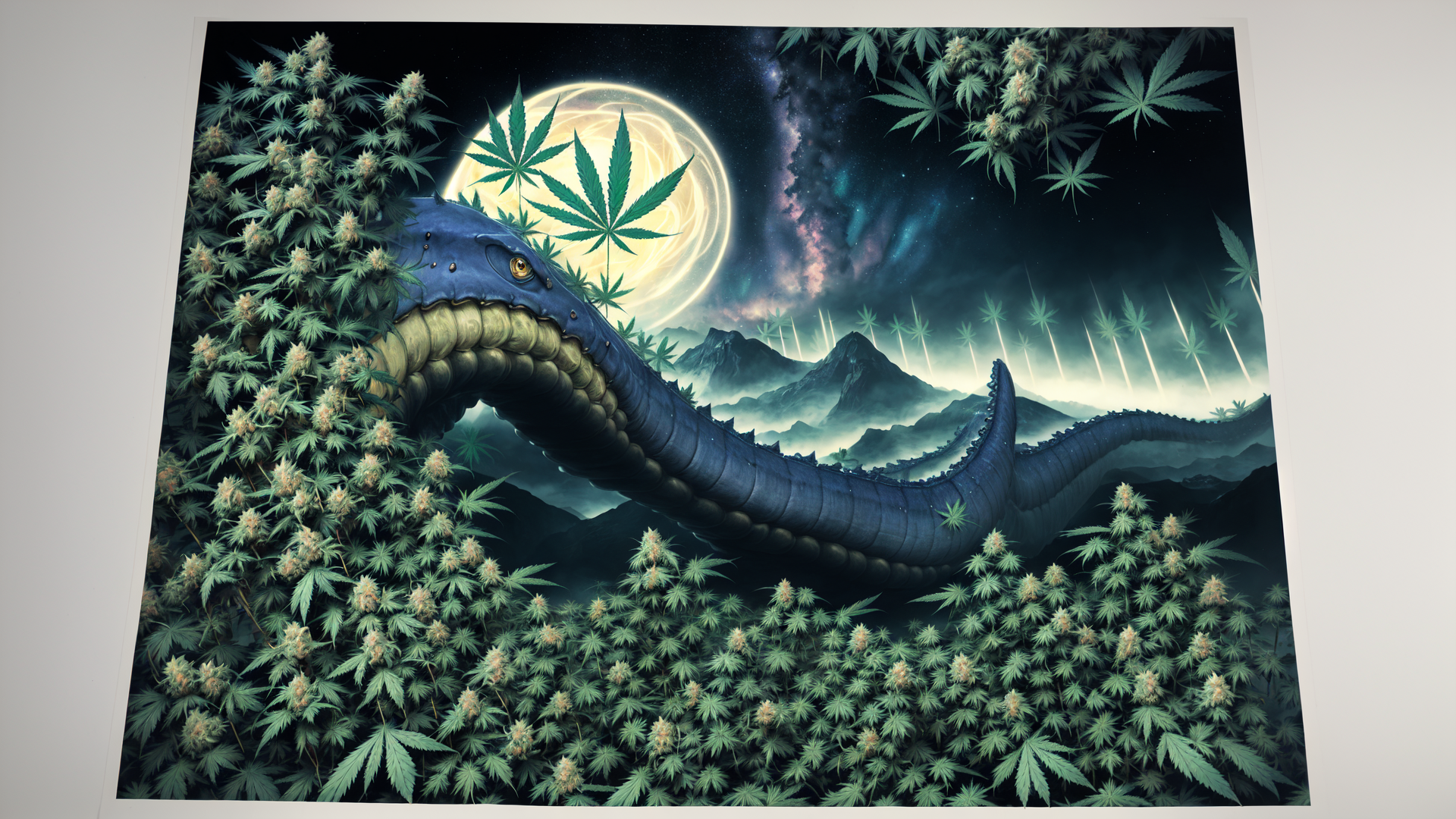 AI generated wallpaper featuring dragon, marijuana, moon, mountains, stars, galaxy