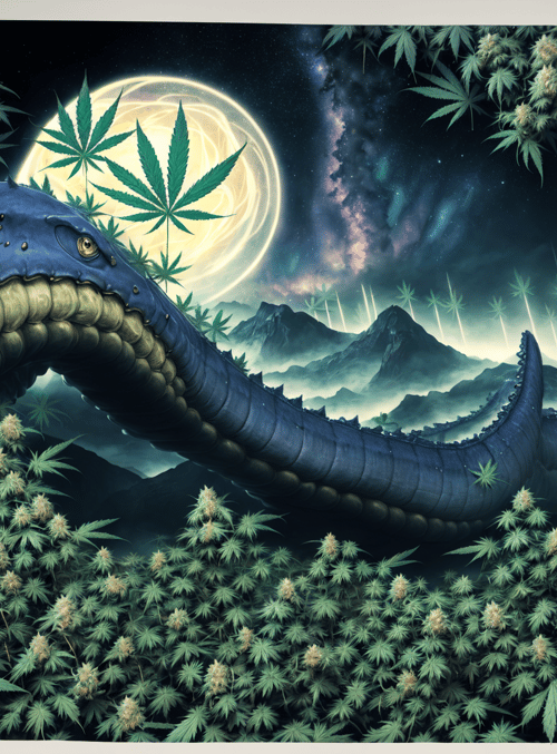 dragon, marijuana, moon, mountains, stars, galaxy