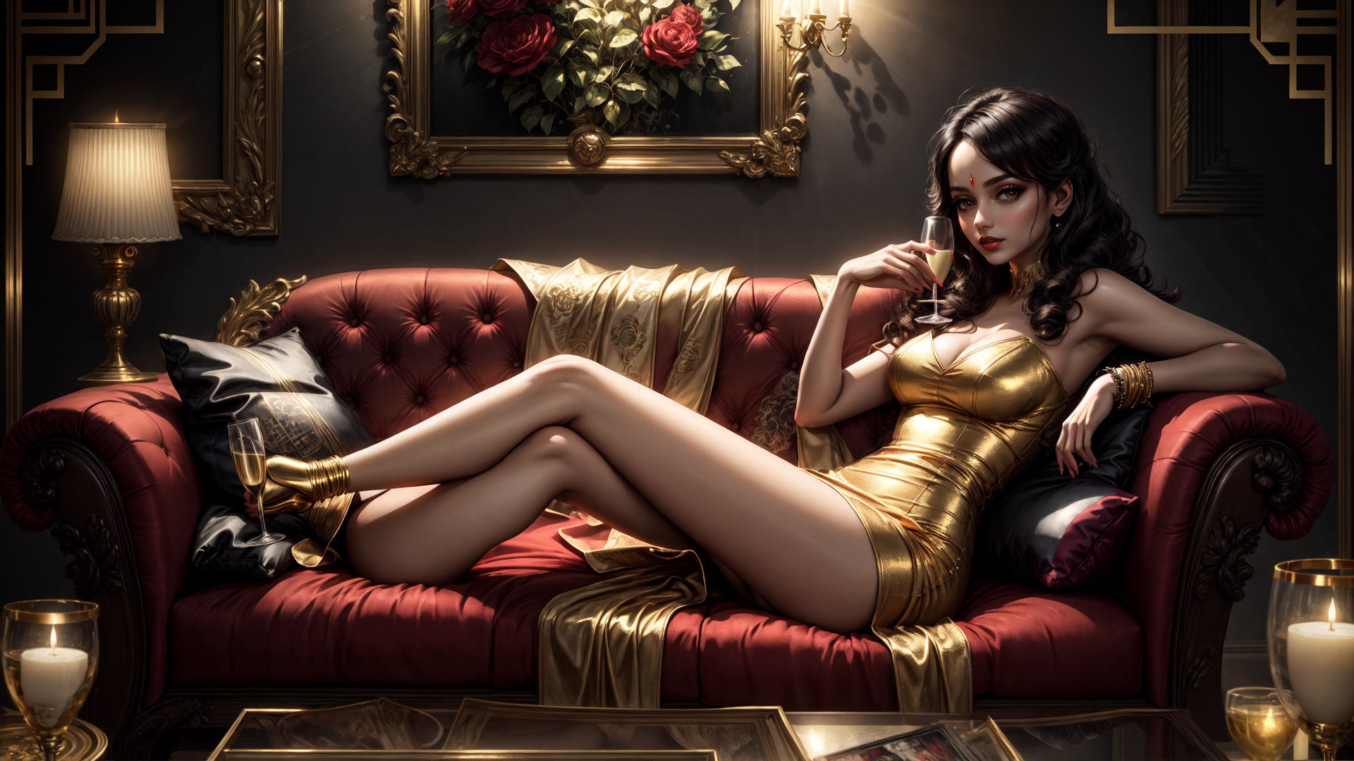 AI generated wallpaper featuring woman, sofa, wine glass, candle, champagne, pillow, candlestick, painting, chandelier, gown