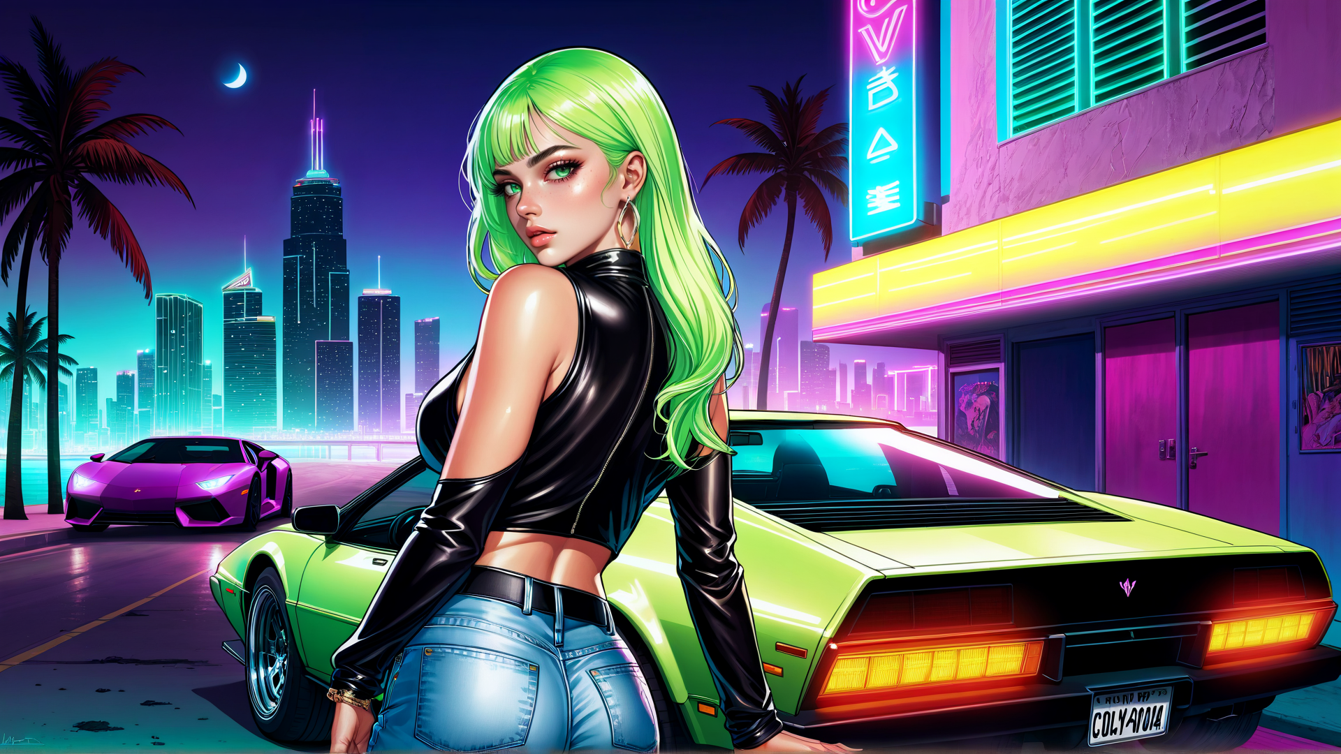 AI generated wallpaper featuring woman, car, cityscape