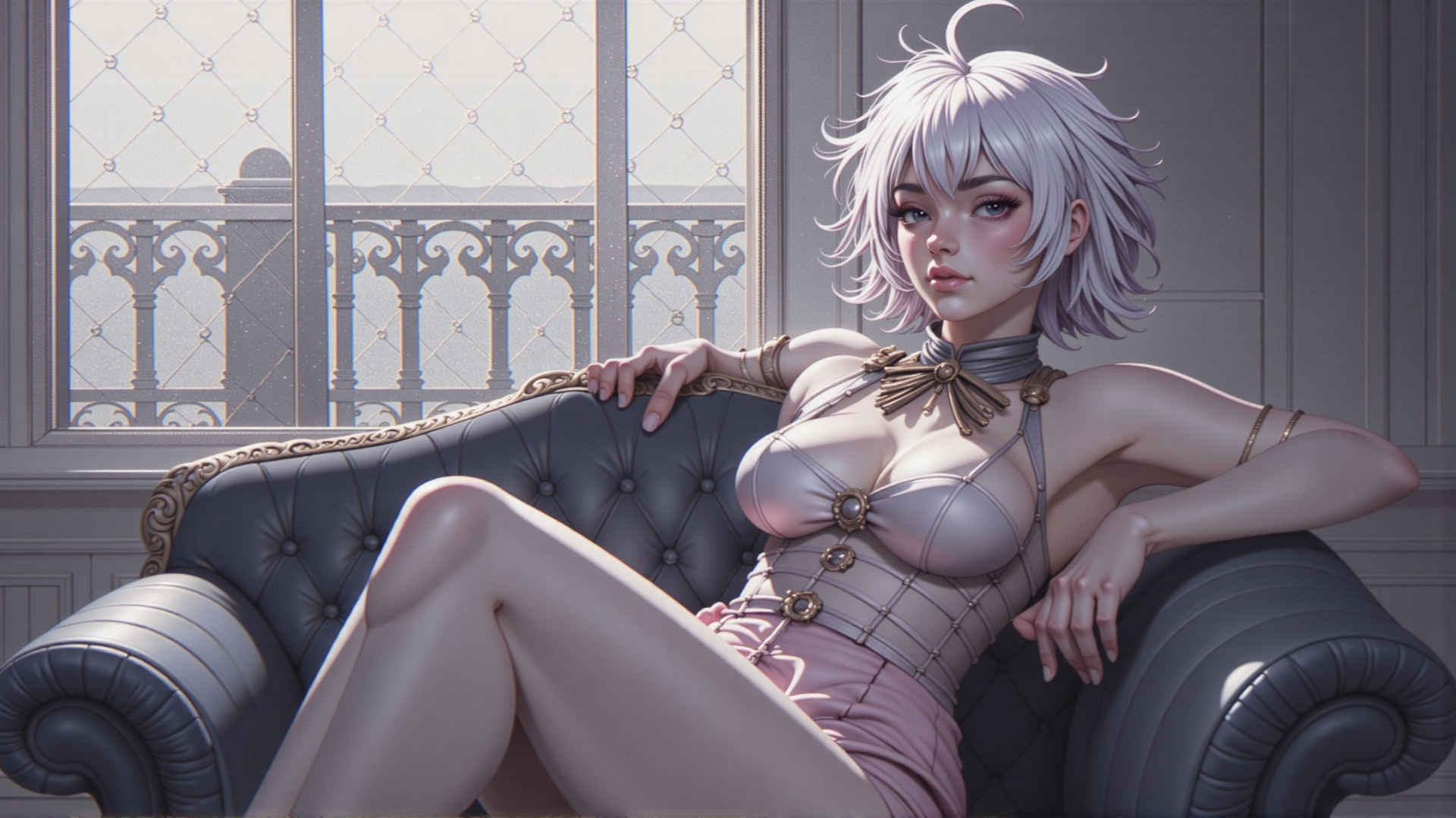 AI generated wallpaper featuring woman, sofa, window, dress