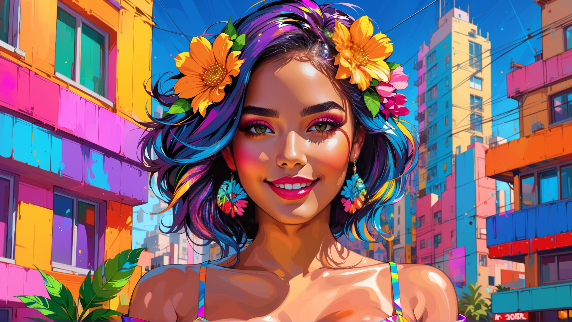 AI generated wallpaper featuring woman, cityscape, flowers