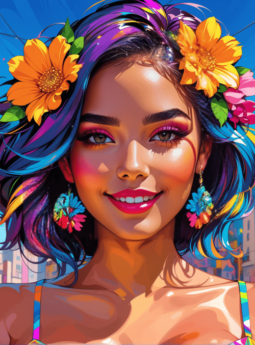 woman, cityscape, flowers