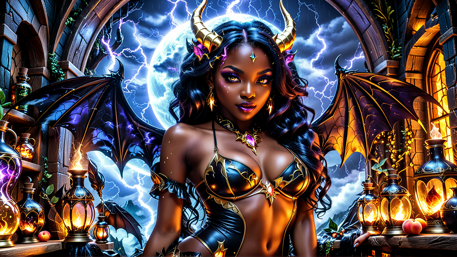 AI generated wallpaper featuring demon, woman, wings, moon, lanterns, bottles