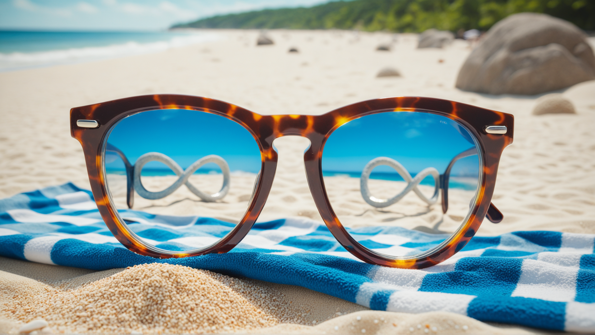 AI generated wallpaper featuring sunglasses, beach, infinity symbol