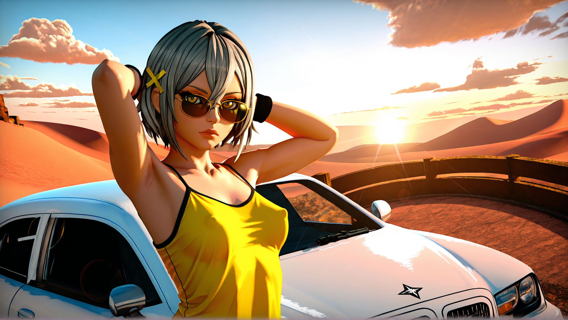 AI generated wallpaper featuring woman, car, sunset, desert, sunglasses