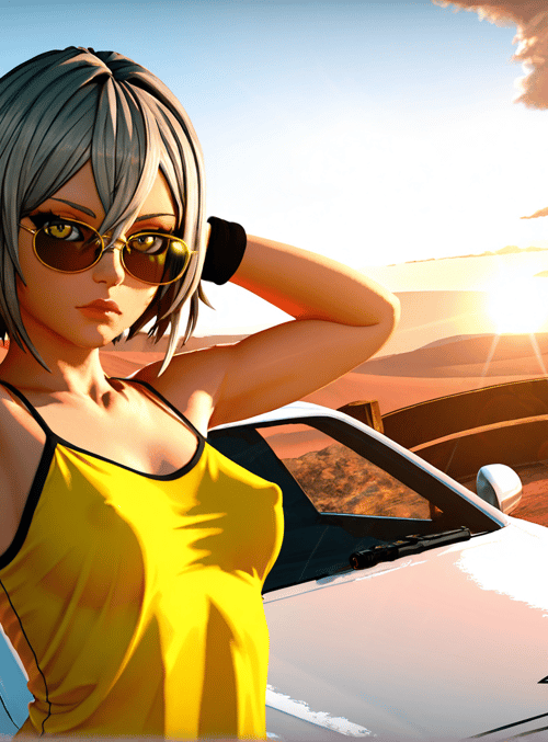 woman, car, sunset, desert, sunglasses