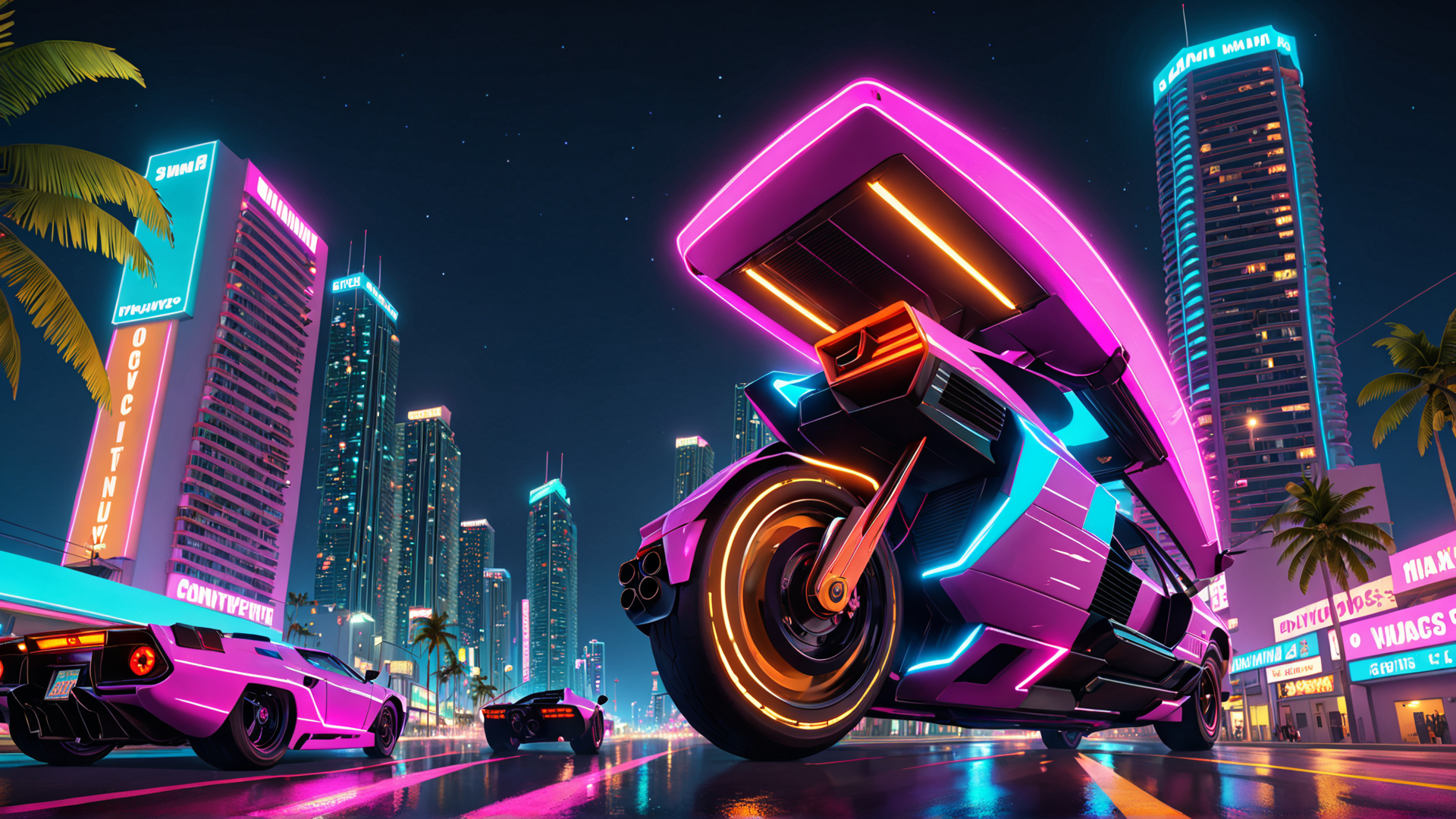 AI generated wallpaper featuring futuristic car, neon city