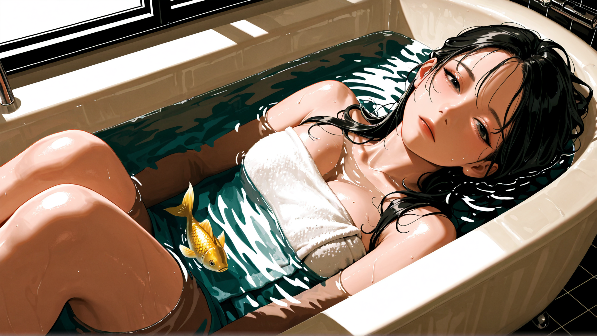 AI generated wallpaper featuring woman, bathtub, goldfish, towel, water