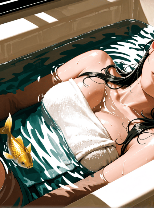 woman, bathtub, goldfish, towel, water