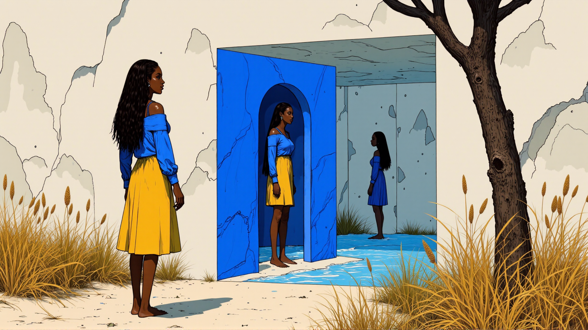 AI generated wallpaper featuring woman, door, tree, grass, reflection