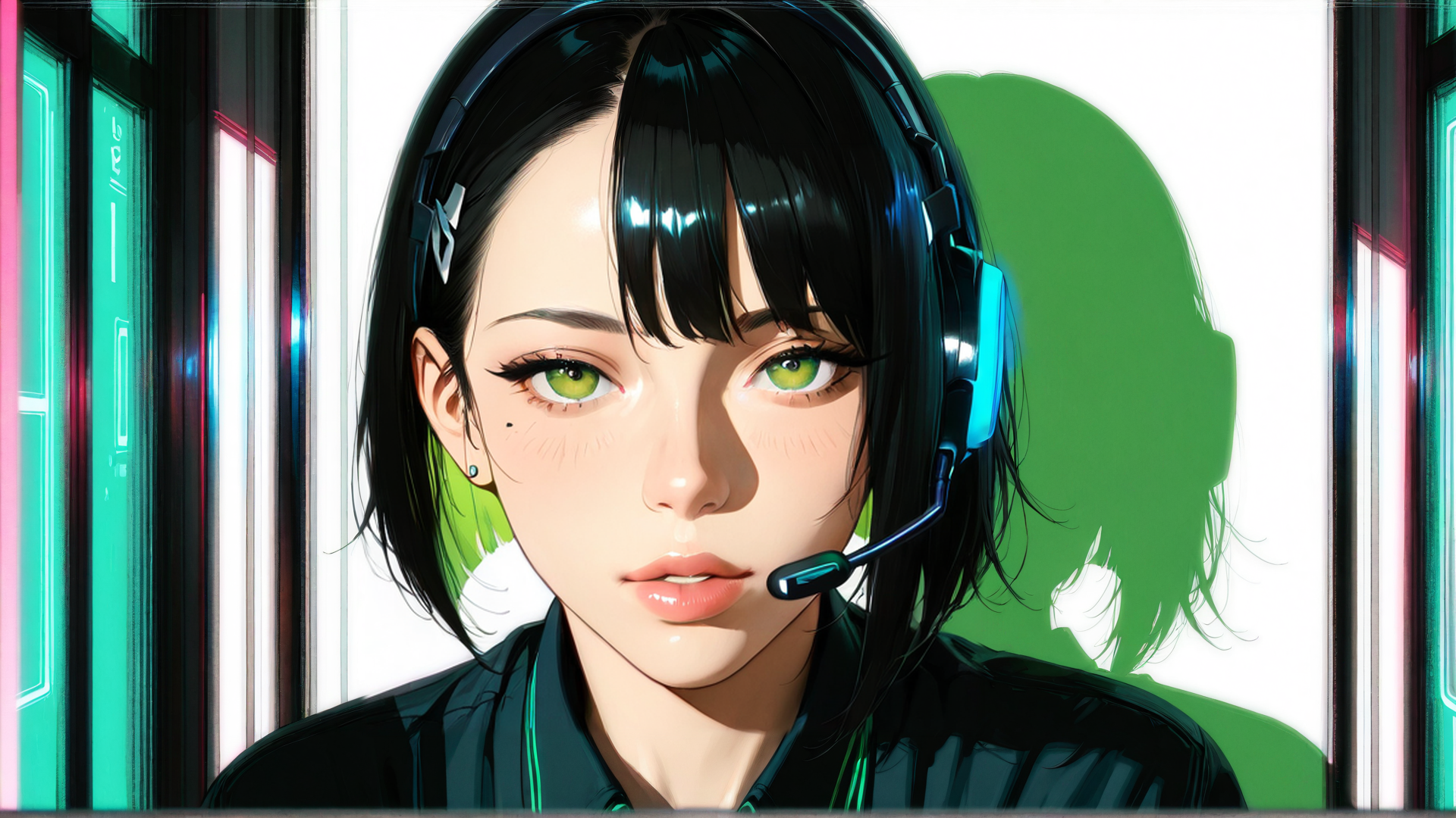 AI generated wallpaper featuring girl, gamer, headphones, screen, shadow, ears, hair