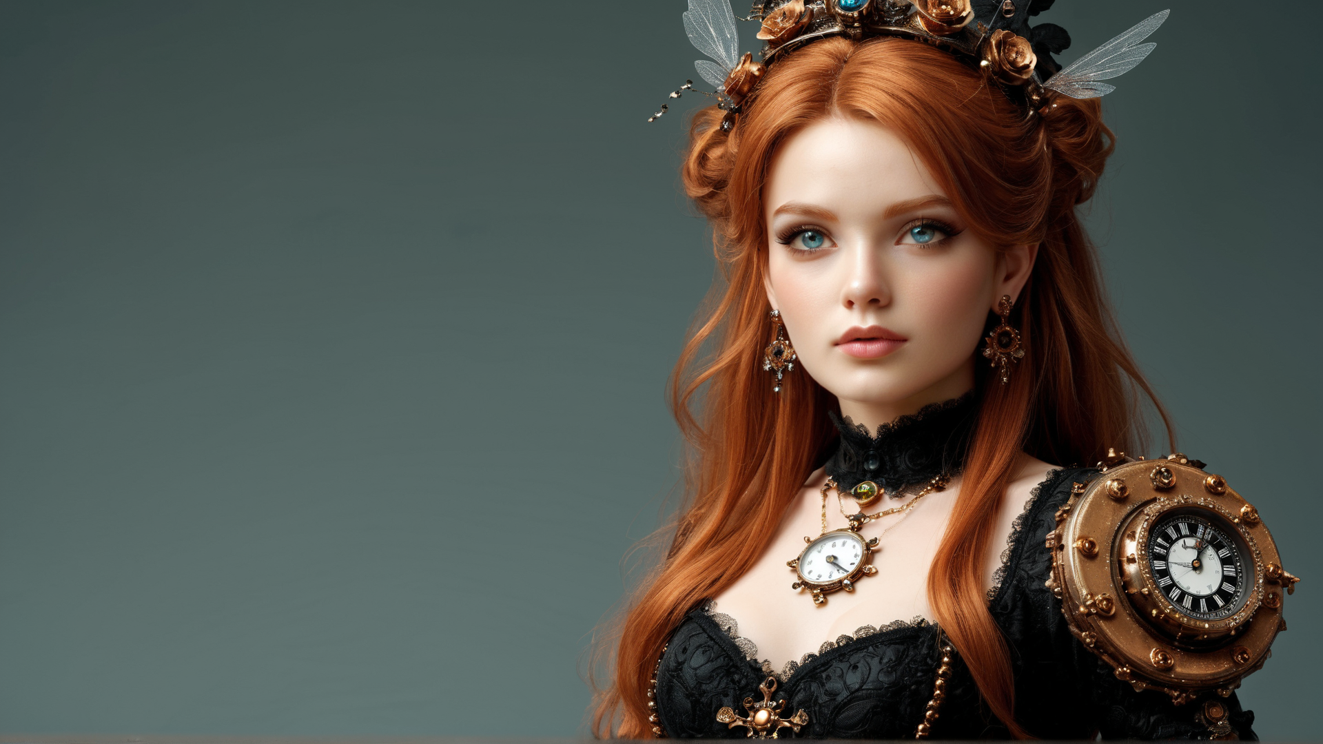 AI generated wallpaper featuring woman, clock, crown, dress, earrings, necklace, wings, lady, steampunk, hair