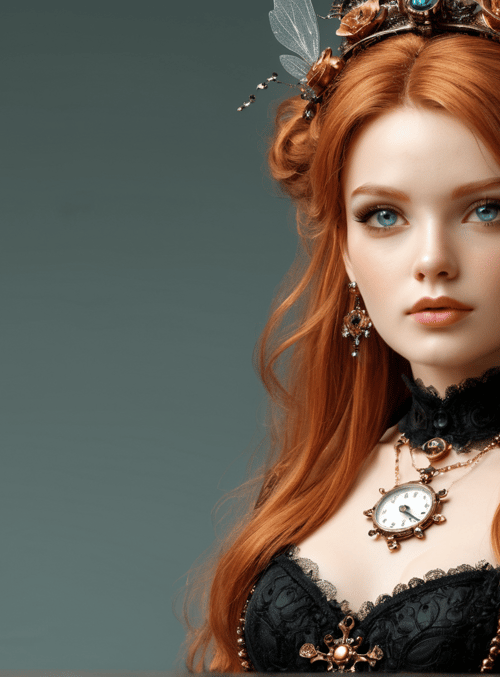 woman, clock, crown, dress, earrings, necklace, wings, lady, steampunk, hair