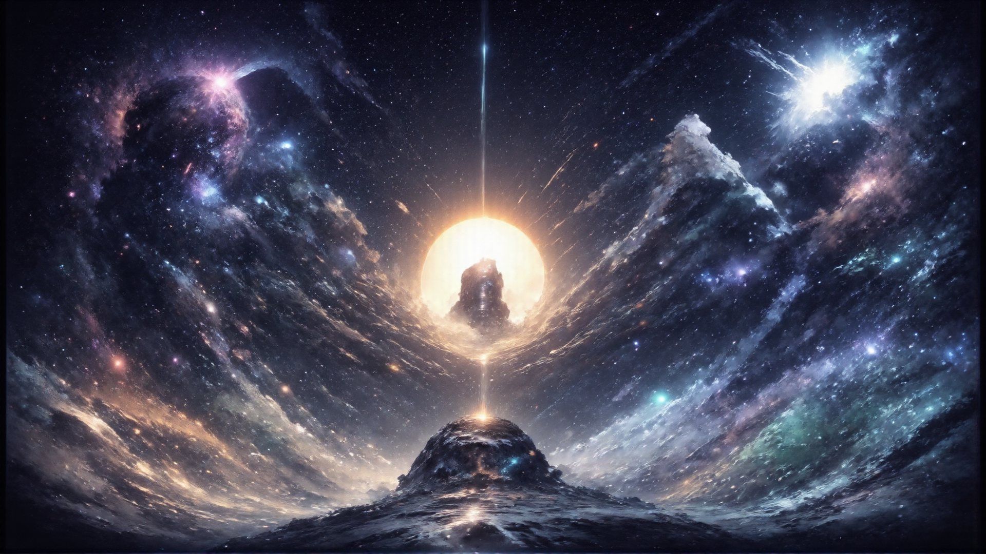 AI generated wallpaper featuring mountain, galaxy, sun, stars, universe, nebula, space, light, cosmos, mountain peak