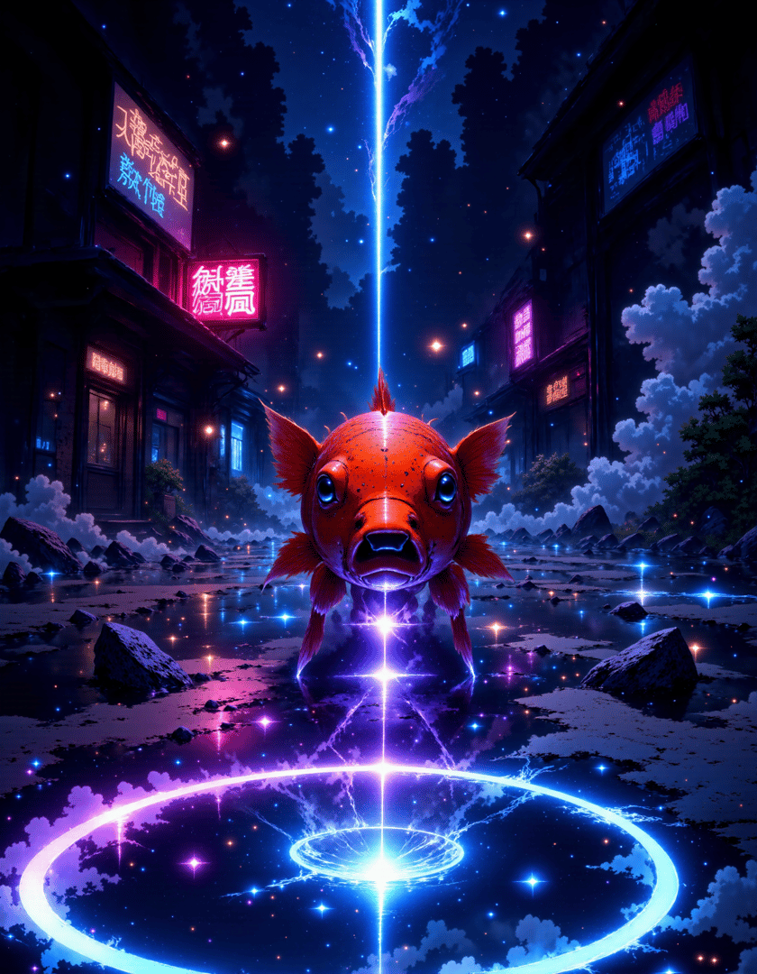 AI generated wallpaper featuring fish, neon, city, lightning, signs, water, clouds, buildings, stars, circle