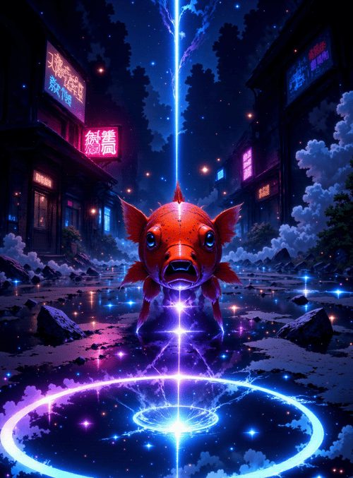fish, neon, city, lightning, signs, water, clouds, buildings, stars, circle