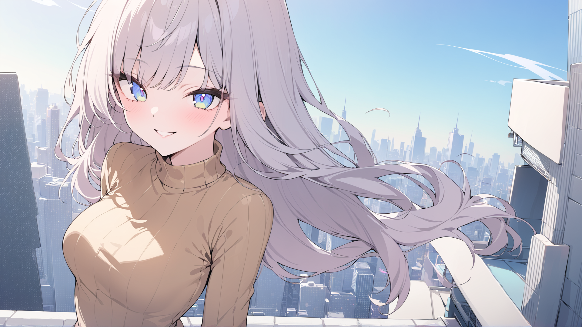 AI generated wallpaper featuring girl, anime, city