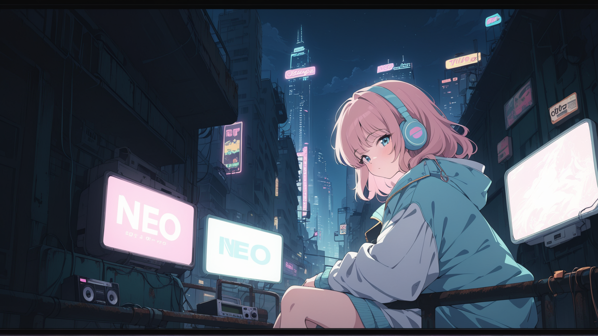 AI generated wallpaper featuring girl, cityscape, headphones