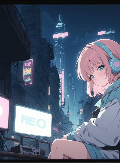 girl, cityscape, headphones