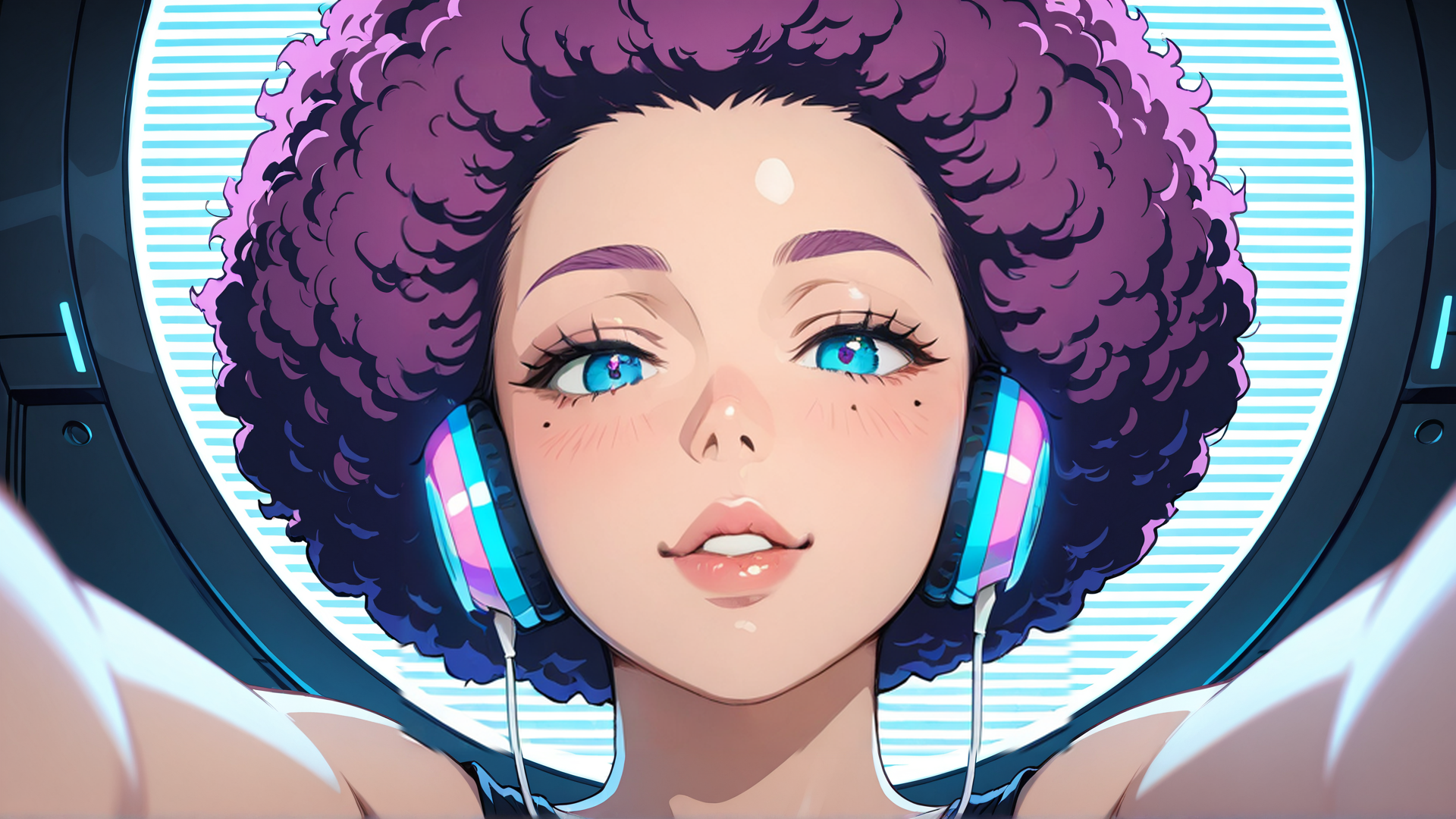 AI generated wallpaper featuring woman, afro, headphones, digital, art