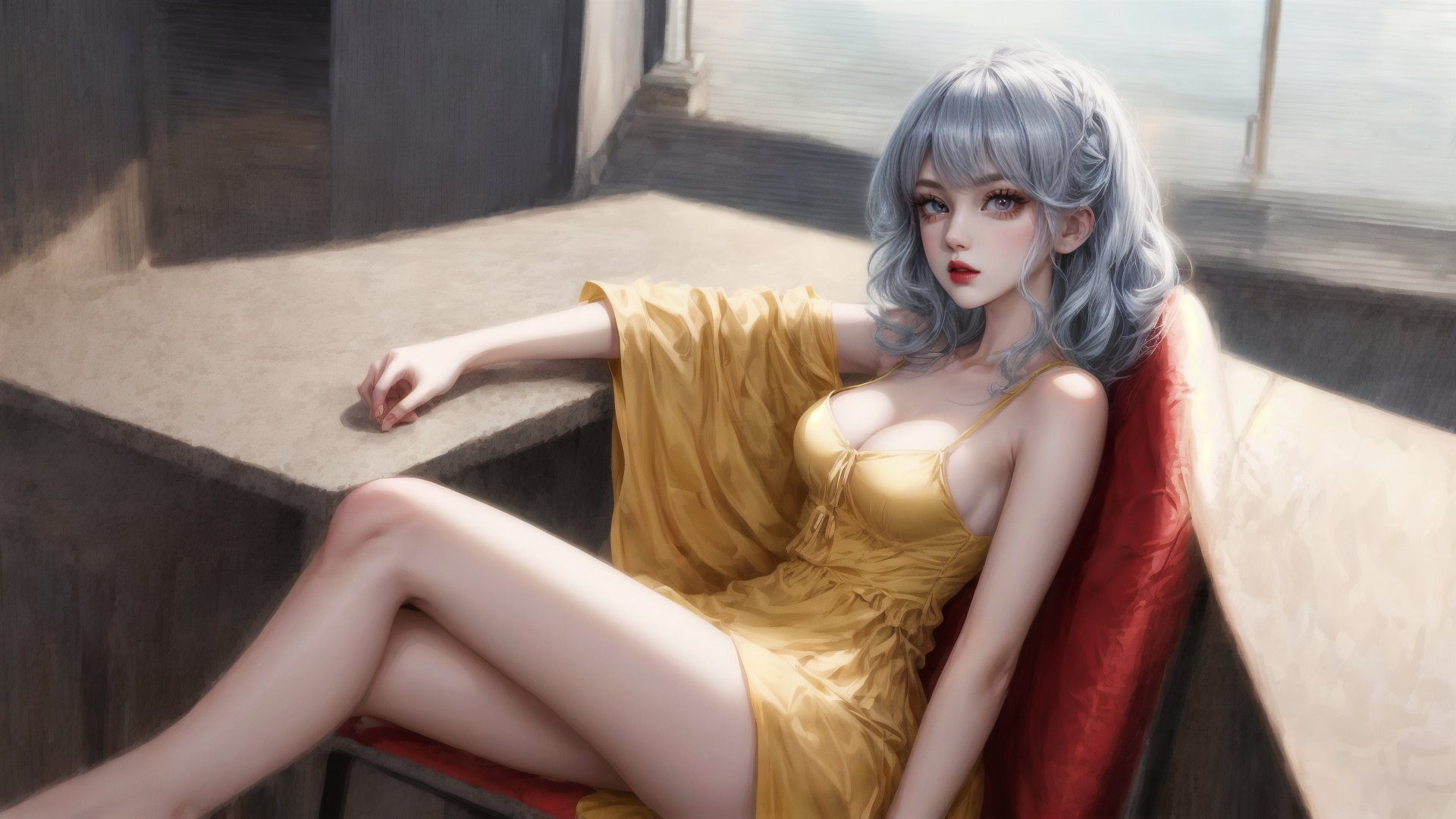 AI generated wallpaper featuring woman, dress, chair