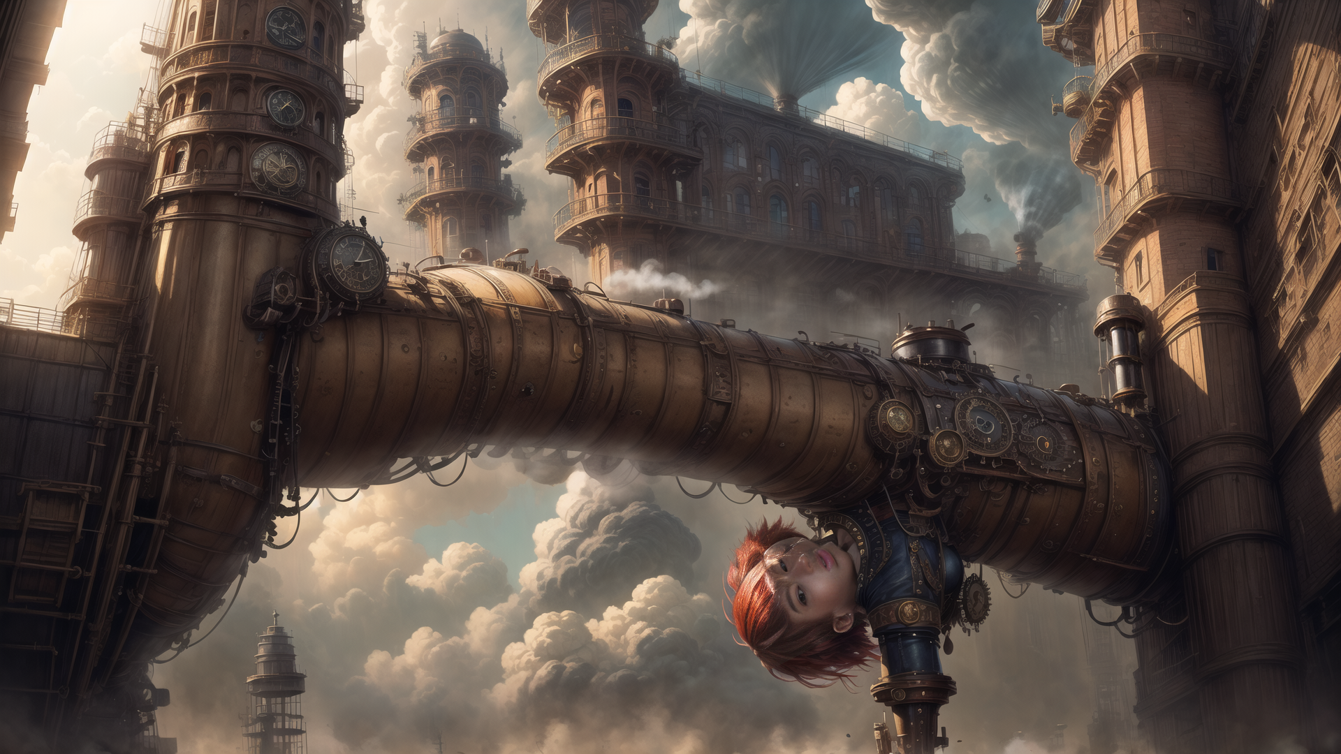 AI generated wallpaper featuring steampunk, clock tower, girl, cannon, clouds