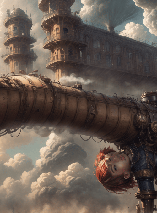 steampunk, clock tower, girl, cannon, clouds